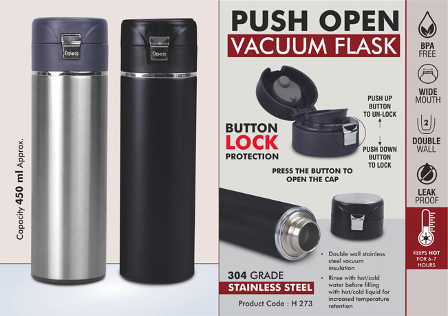 H273 – Push Open Vacuum Flask With Button Lock Protection