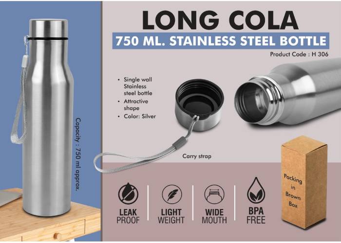 H306 – Long Cola 750: Stainless Steel Bottle