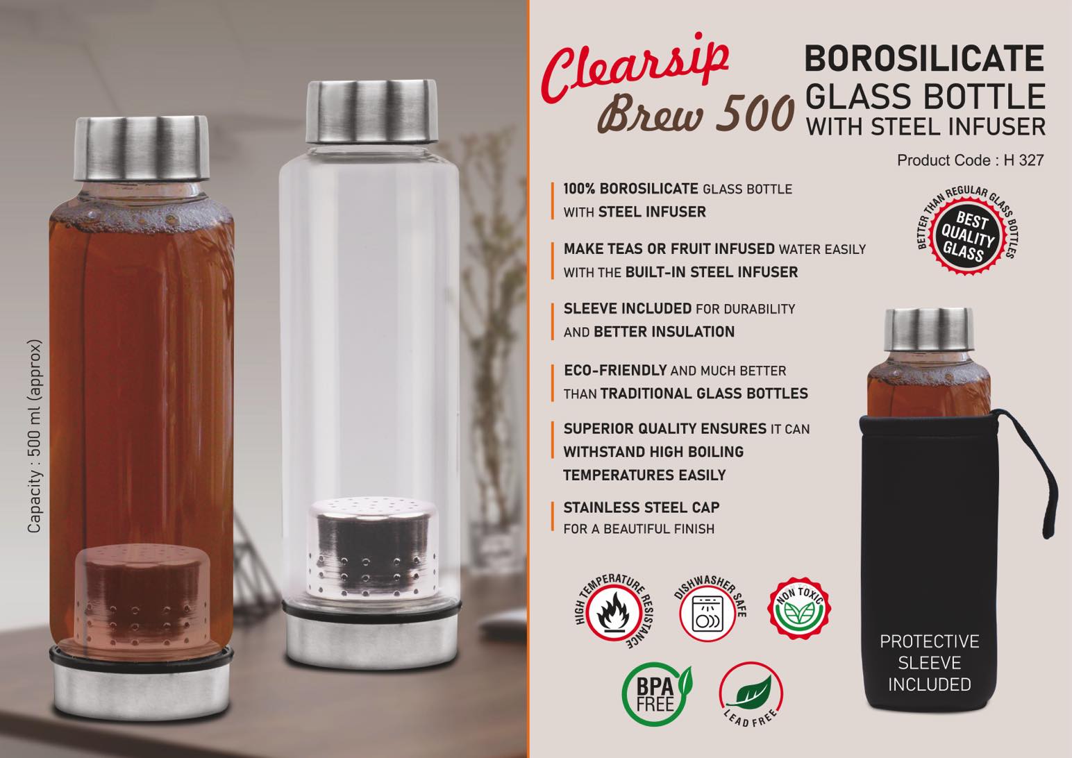 H327 – ClearSip Brew 500: Borosilicate Glass Bottle