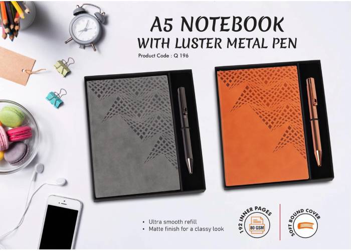 Q196 – 2 in 1 Set: A5 notebook with Luster Metal Pen in Gift Box