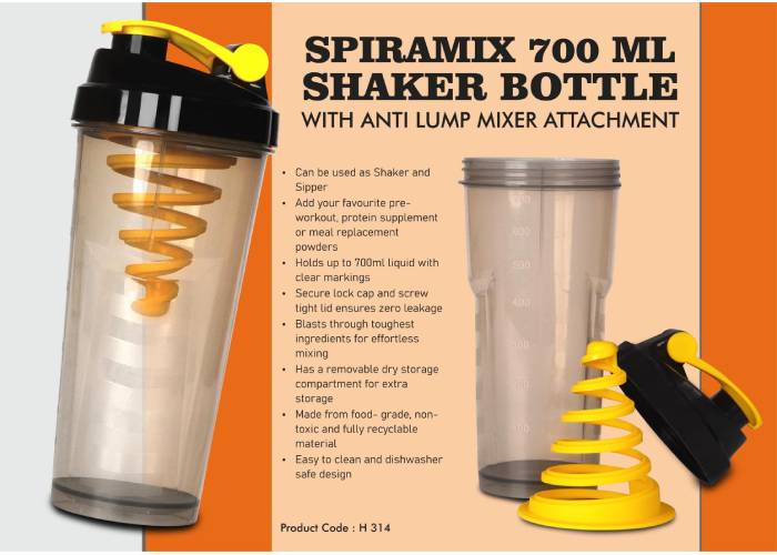 H314 – SpiraMix 700 ml Shaker Bottle with Anti Lump mixer attachment