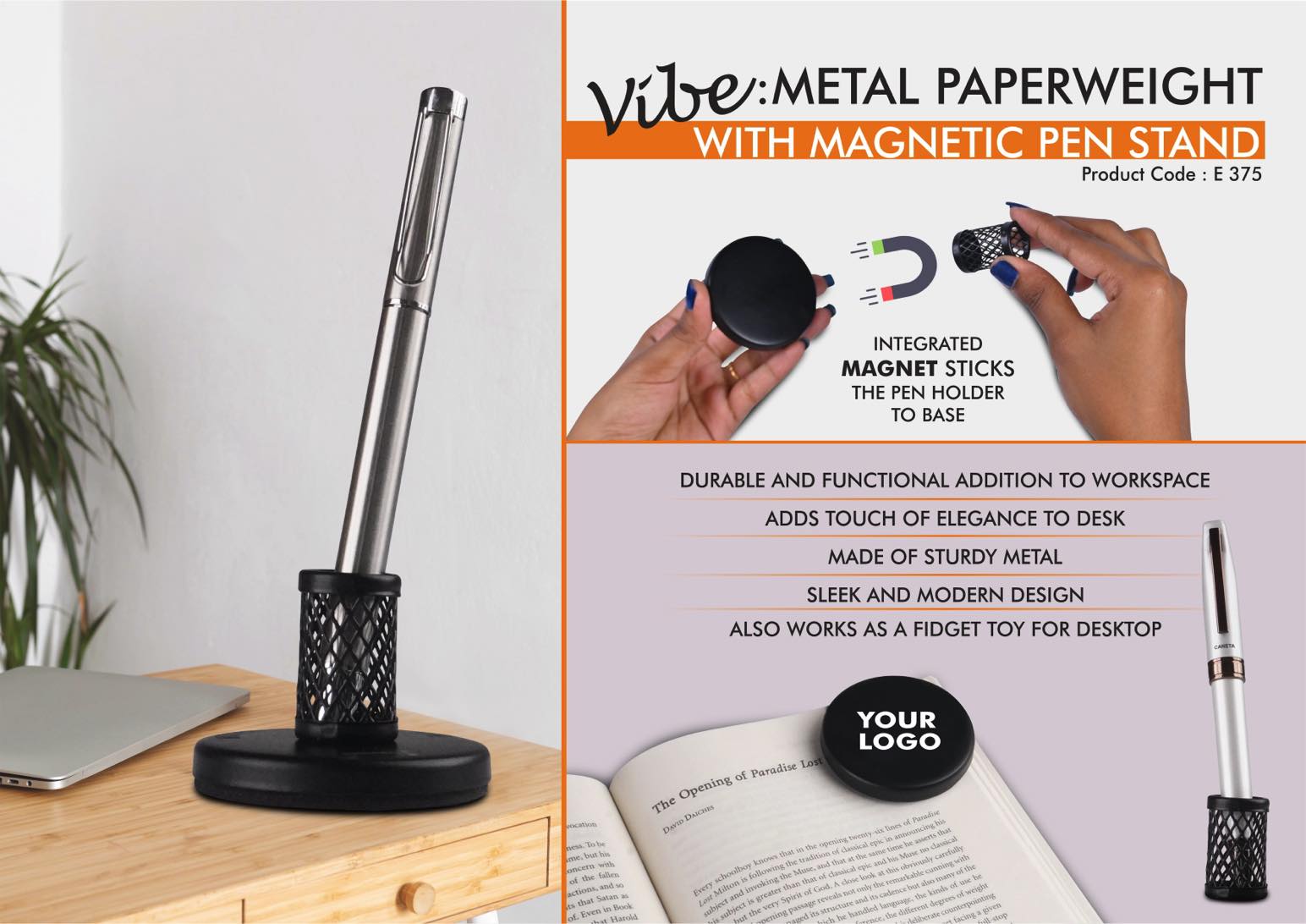 E375 – Vibe: Metal Paperweight with Magnetic Pen Stand