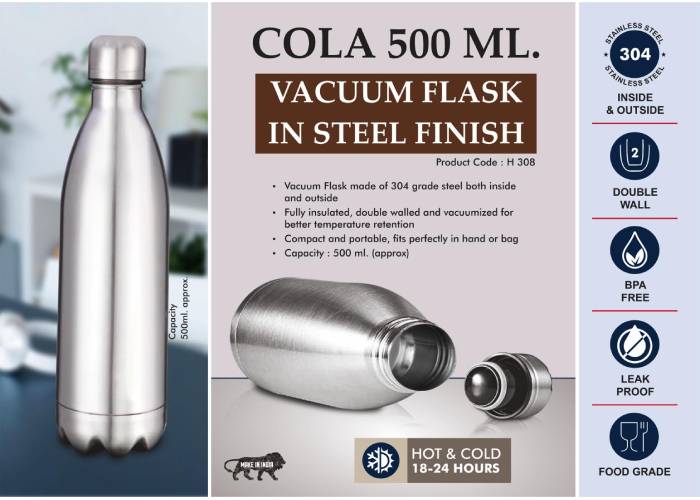 H308 – Cola 500 Ml Vacuum Flask In Steel Finish