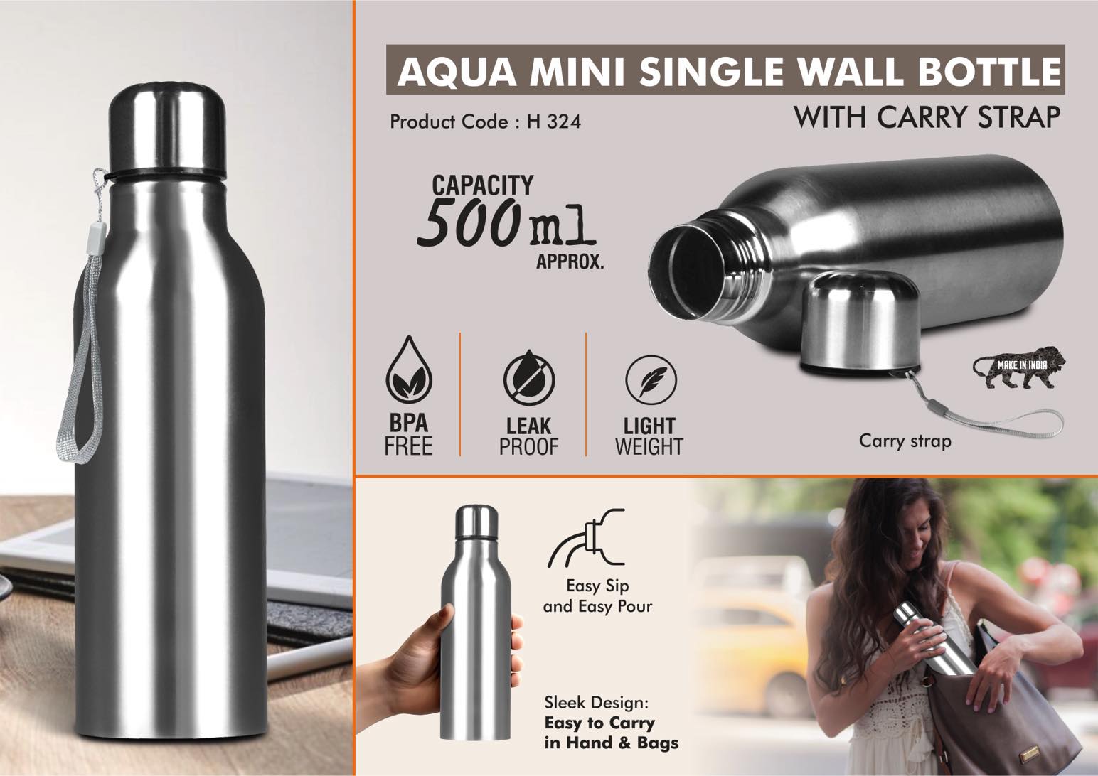 H324 – Aqua Mini Single Wall Bottle with Carry strap