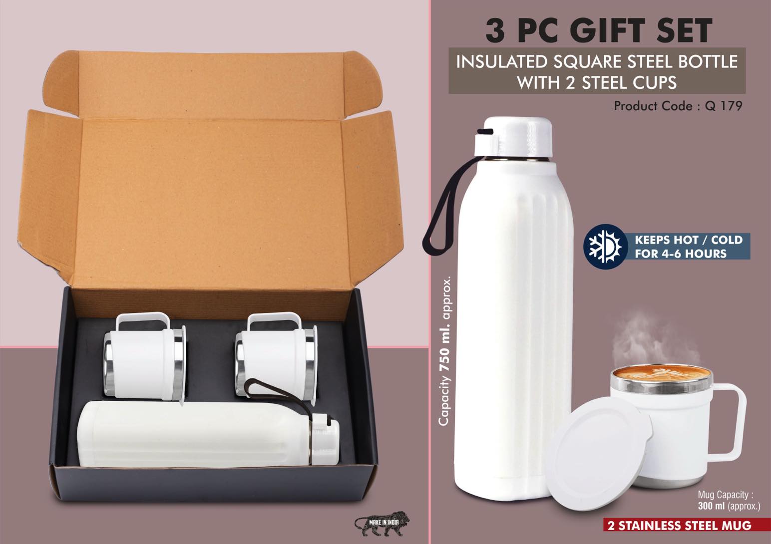 Q179 – 3 pc Gift Set : Insulated Hexa Steel bottle