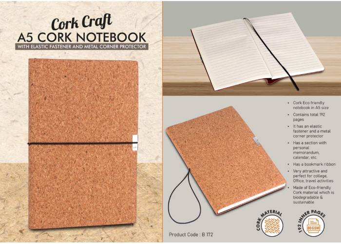 B172 – CorkCraft A5 Cork Notebook with Elastic Fastener