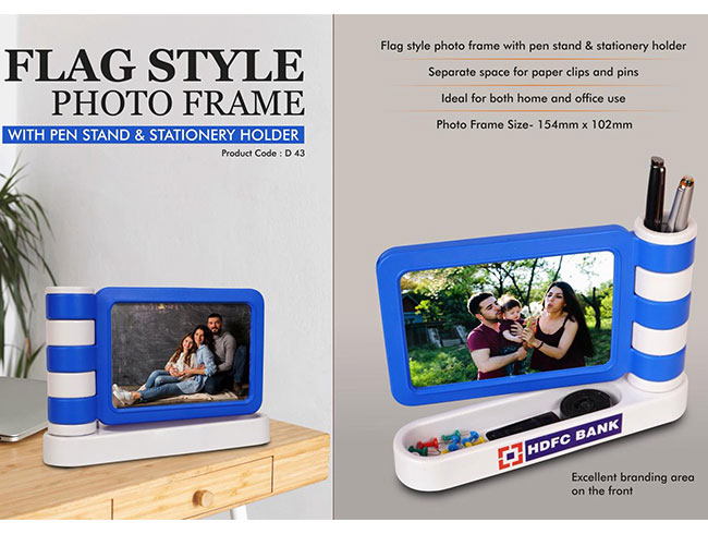 D43 – Flag Style Photo Frame With Pen Stand & Stationery Holder