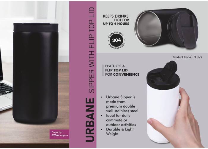 H329 – Urbane: Vacuumized mug sipper with flip top lid