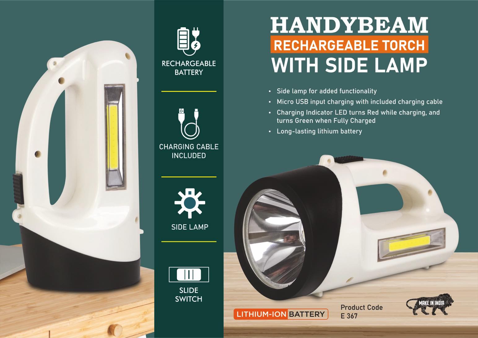 E367 – HandyBeam: Rechargeable Torch with Side Lamp