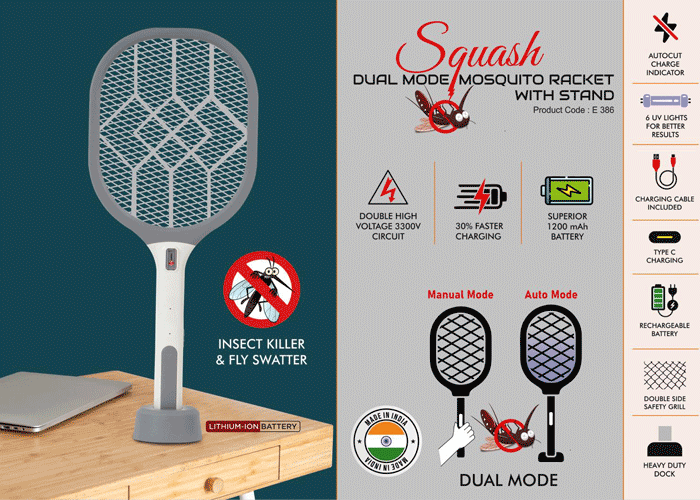 E386 – Squash: Dual Mode Mosquito racket with stand