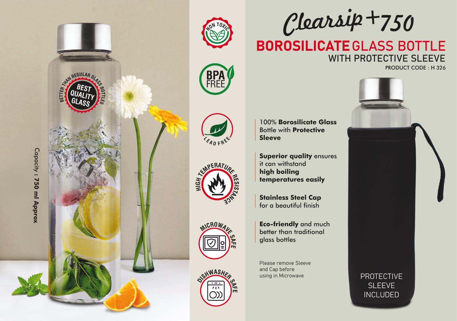 H326 – ClearSip+ 750: Borosilicate Glass Bottle