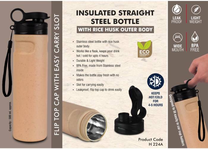 H224a – Insulated Straight Steel Bottle With Rice Husk Outer Body