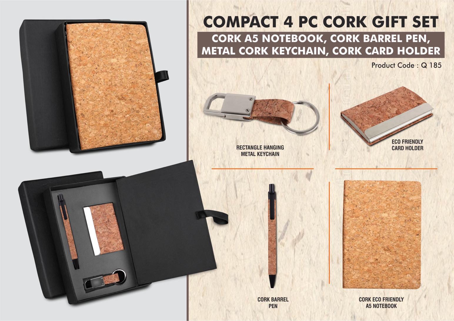 Q185 – Cork 4 pc set: Cork notebook with card holder