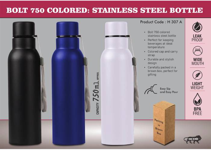 H307a – Bolt 750 Colored: Stainless steel single wall bottle