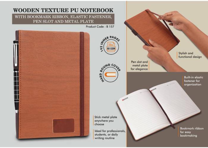 B157 – Wooden Texture PU Notebook With Bookmark Ribbon