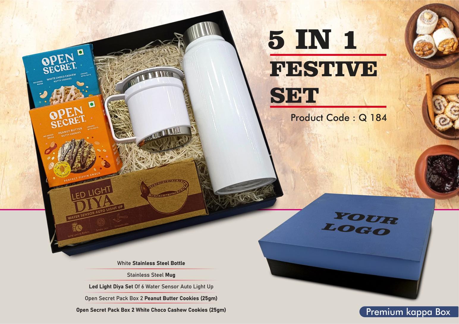 Q184 – Festive Set of 5: SS Bottle 750Ml, SS Mug with Handle