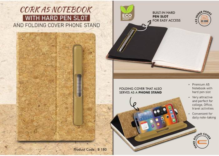 B180 – Cork A5 Notebook with Hard pen slot