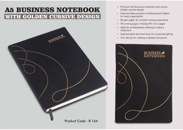 B164 – A5 Business Notebook With Golden Cursive Design