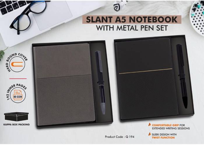 Q194 – 2 in 1 Set: Slant A5 notebook with Metal Pen in Gift Box