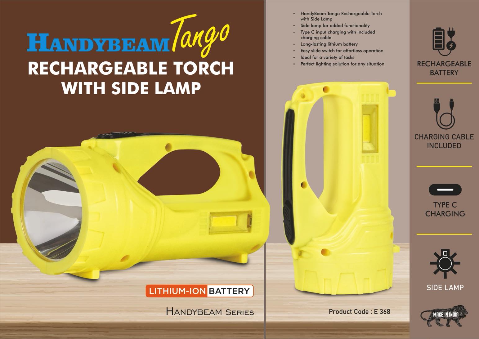 E368 – HandyBeam Tango: Rechargeable Torch with Side Lamp