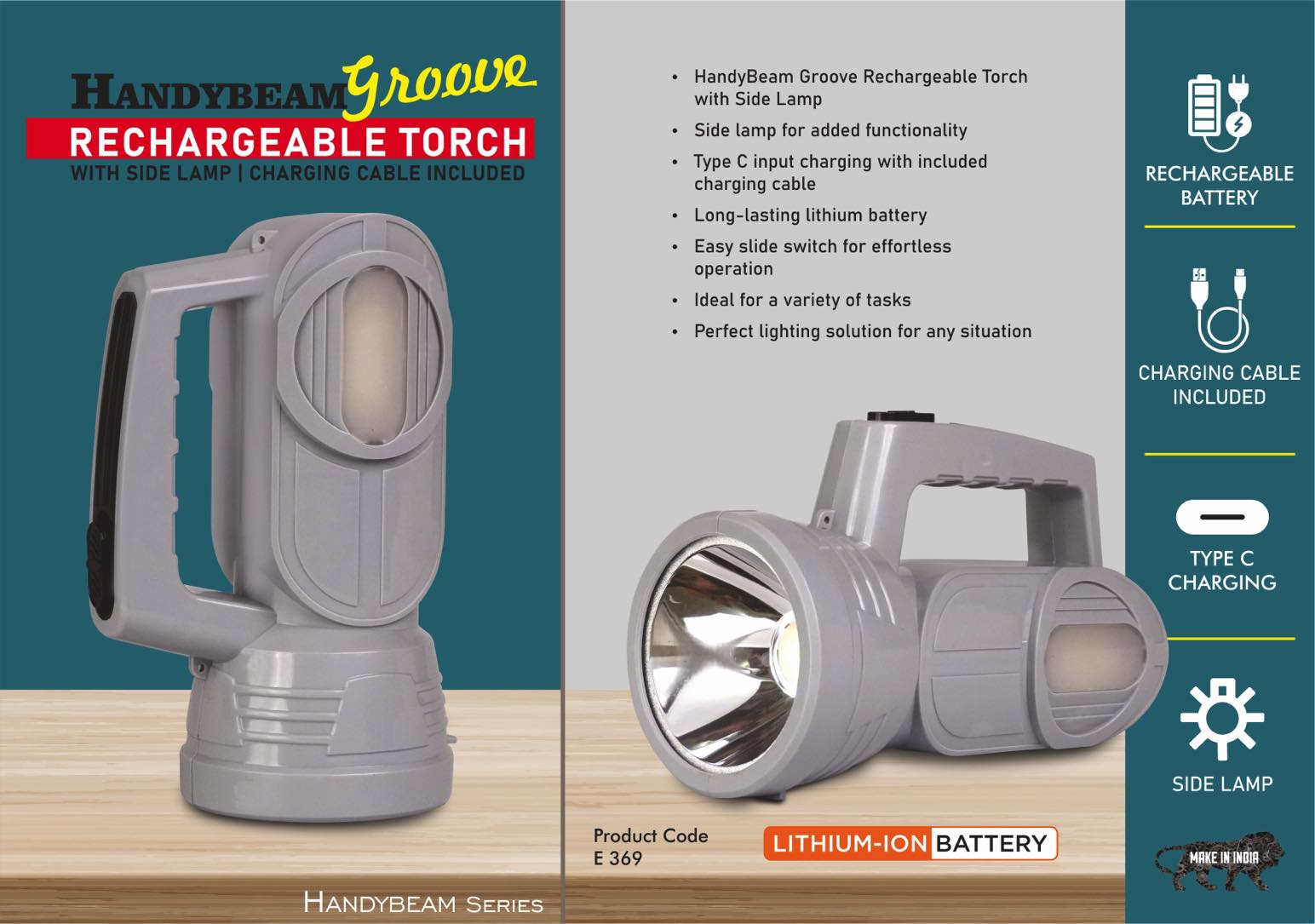 E369 – HandyBeam Groove: Rechargeable Torch with Side Lamp