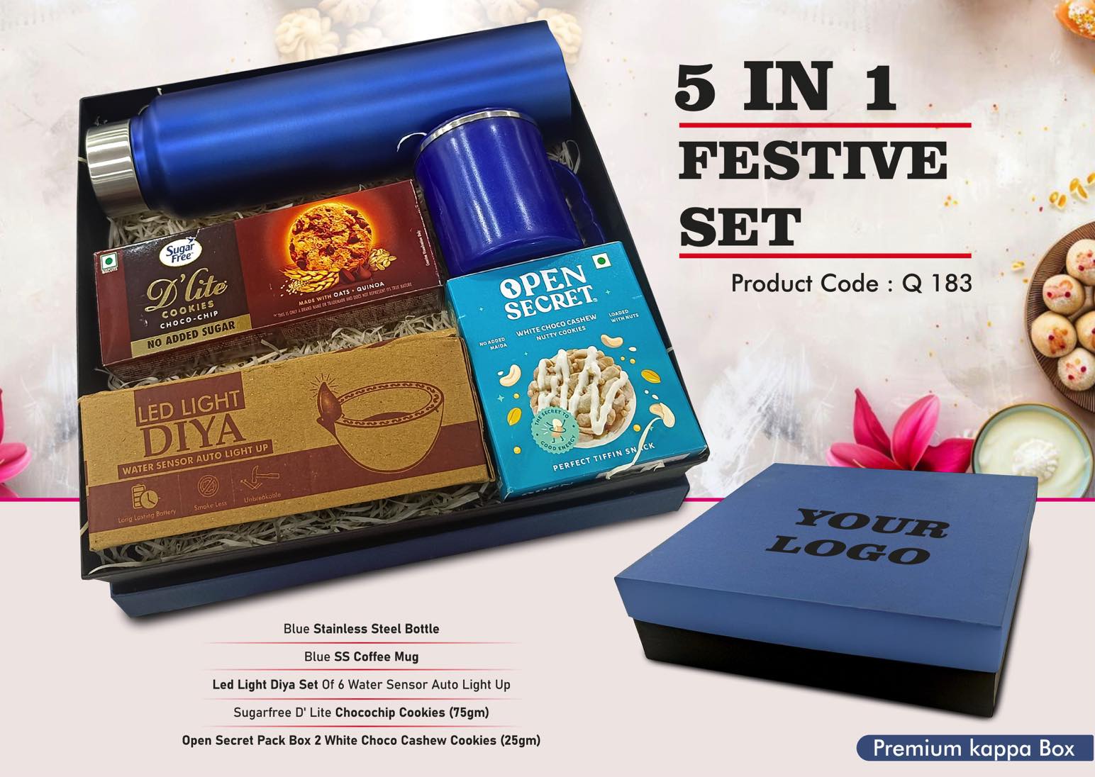 Q183 – Festive Set of 5: SS Bottle 1L, SS Coffee Mug