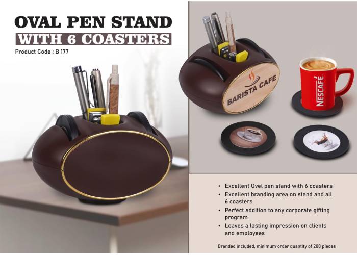 B177 – Oval Pen stand with 6 coasters