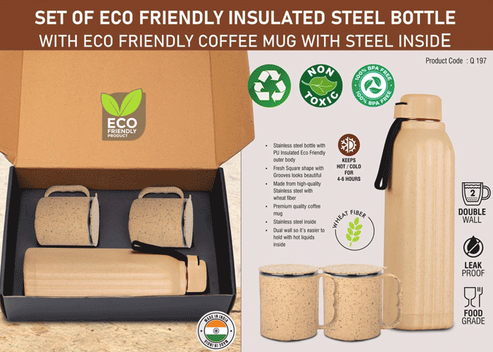 Q197 – 3 pc Eco Gift Set : Insulated Square Eco Steel bottle