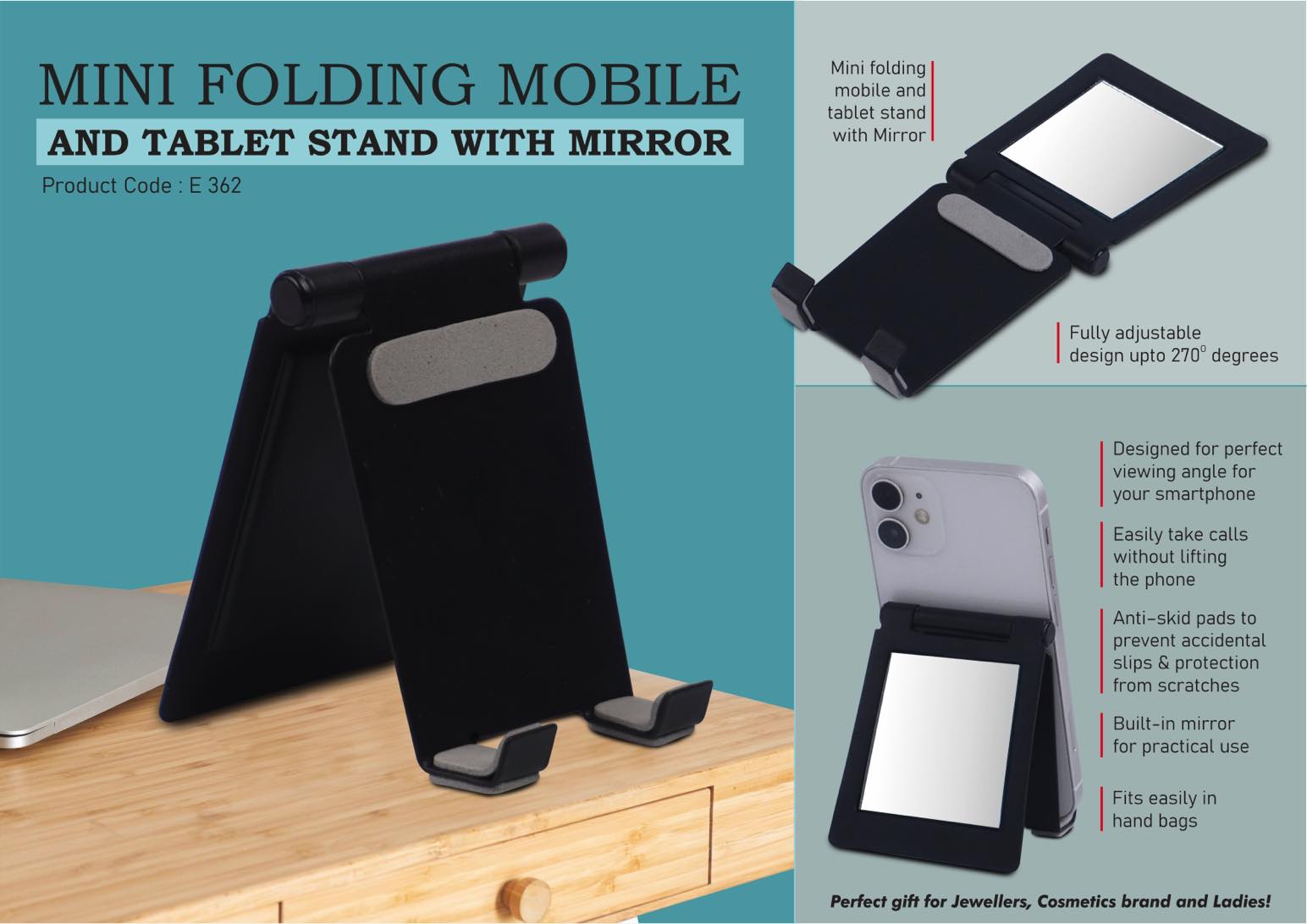 E362 – Mini folding mobile and tablet stand with Mirror