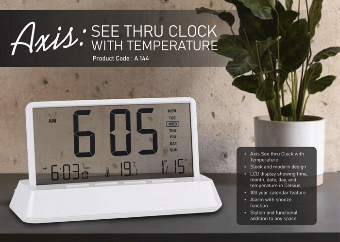 A144 – Axis : See thru clock with temperature