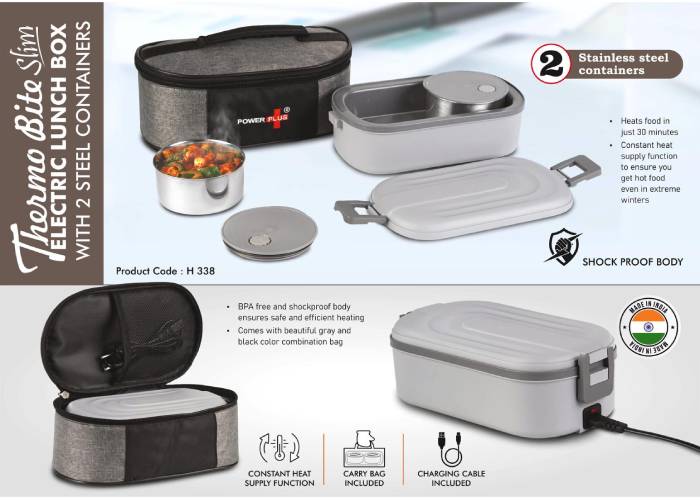 H338 – ThermoBite Slim: Electric Lunch Box with 2 Steel Containers