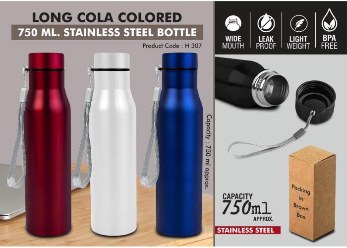 H307 – Long Cola 750 Colored: Stainless Steel Bottle