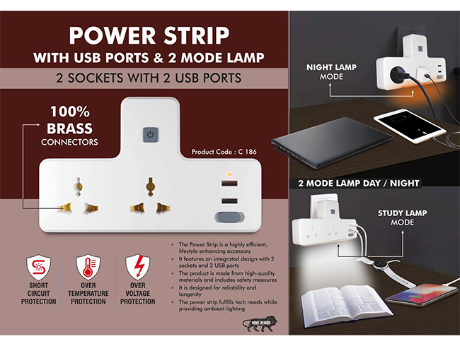 C186 – Power Strip With USB Ports & Night Lamp