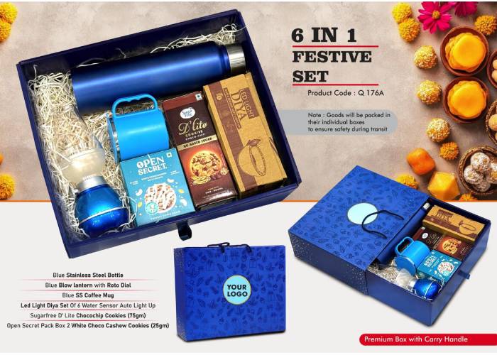 Q176a – Festive Set of 6: SS Bottle 1L, Decorative LED Blow Lamp