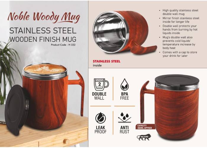 H332 – Noble Woody Mug: Stainless Steel Double wall Coffee mug