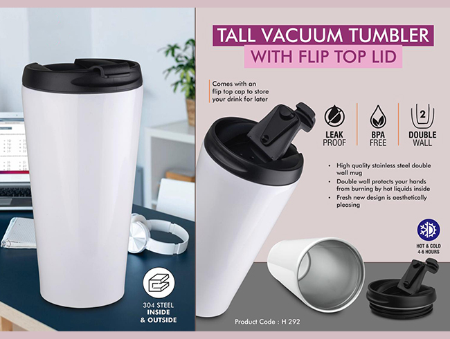 H292 – Tall Vacuum Tumbler With Flip Top Lid