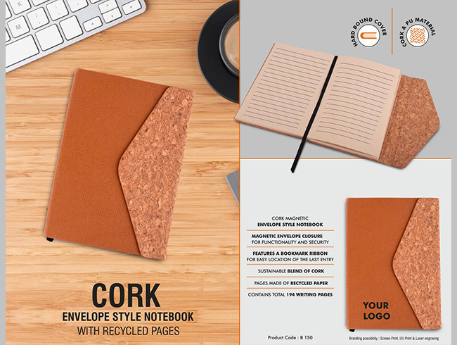 B150 – Cork Magnetic Envelope Style Notebook With Recycled Pages