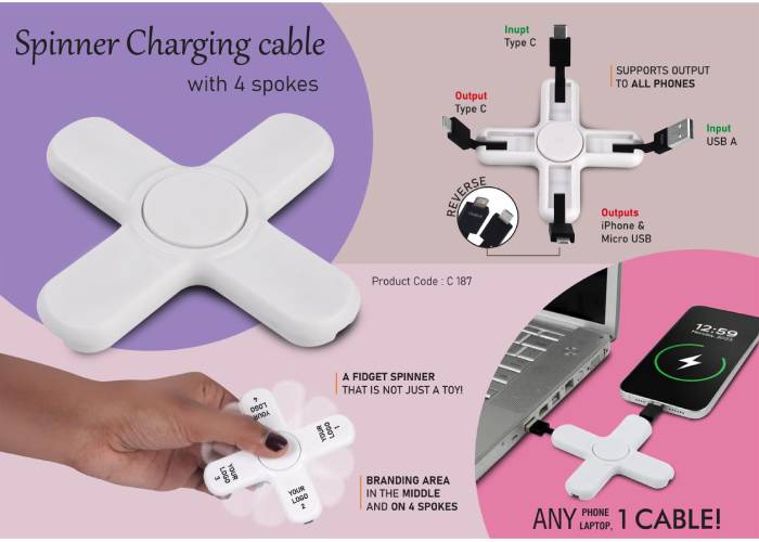 C187 – Spinner Charging cable with 4 spokes | Dual Input USB A & C