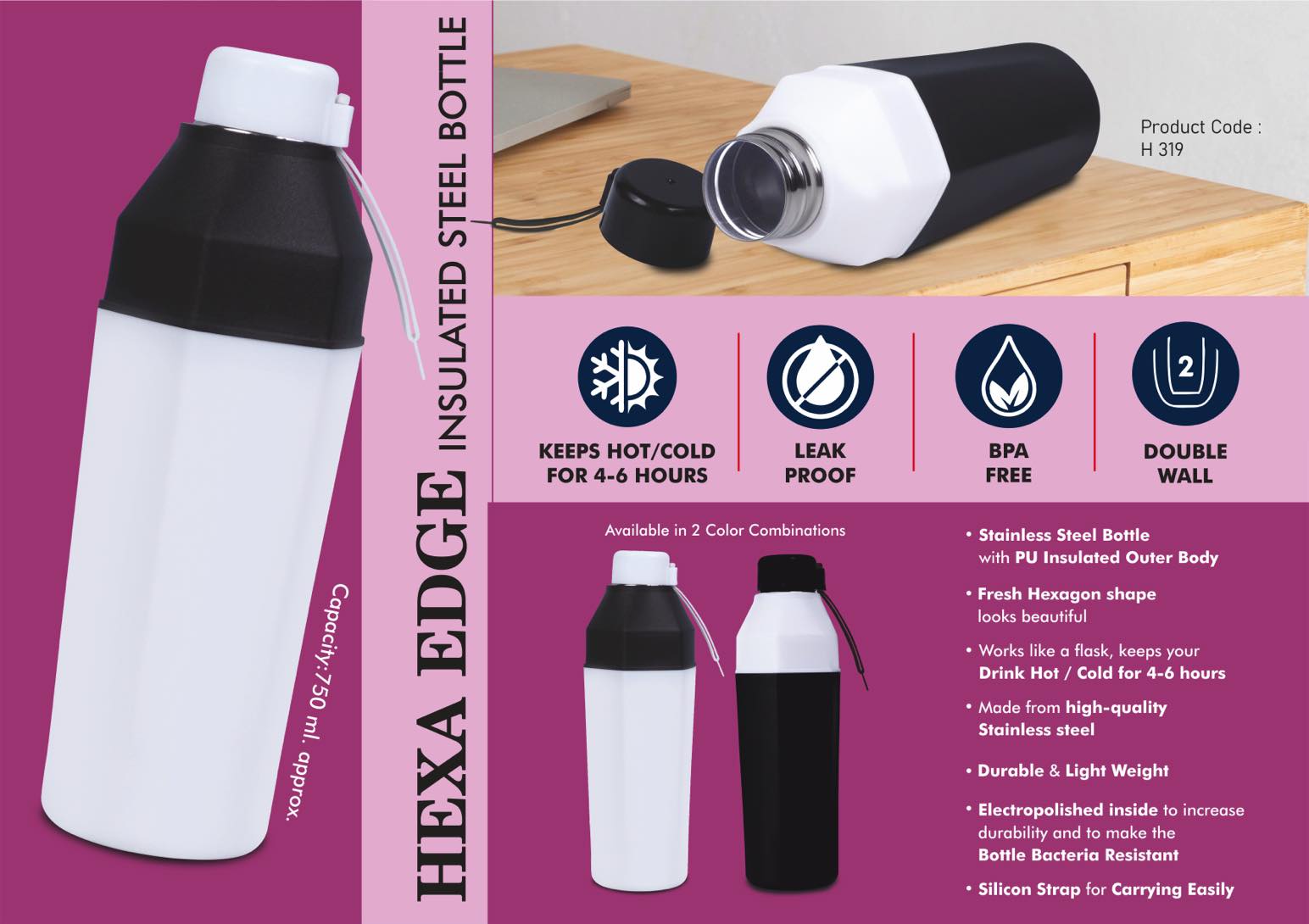 H319 – Hexa Edge: Insulated Steel Bottle