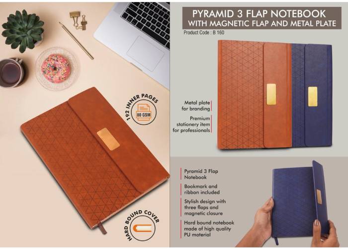 B160 – Pyramid 3 Fold Notebook With Magnetic Flap And Metal Plate