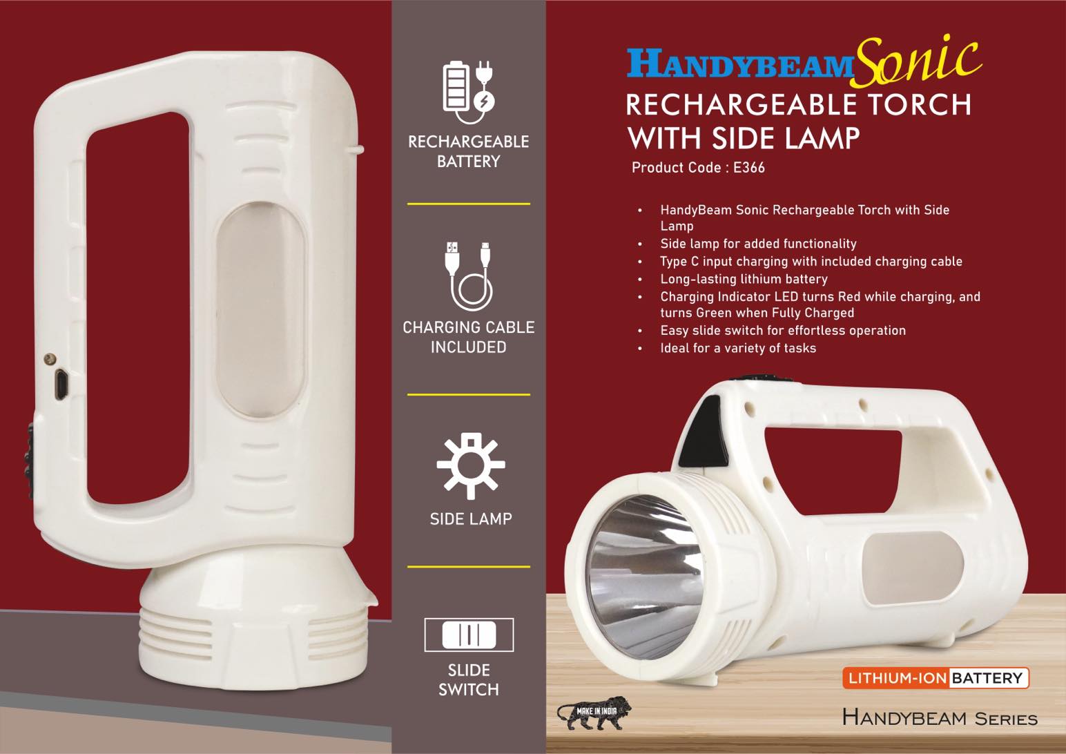 E366 – HandyBeam Sonic: Rechargeable Torch with Side Lamp