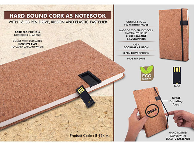 B124a – Hard Bound Cork A5 Notebook With Pen Drive